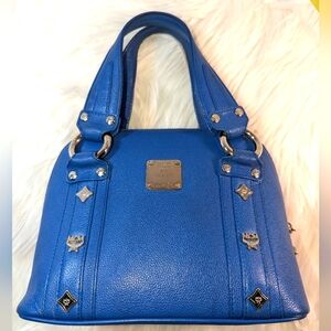 Authentic MCM Handbag Blue Purse Saffiano Bag Leather